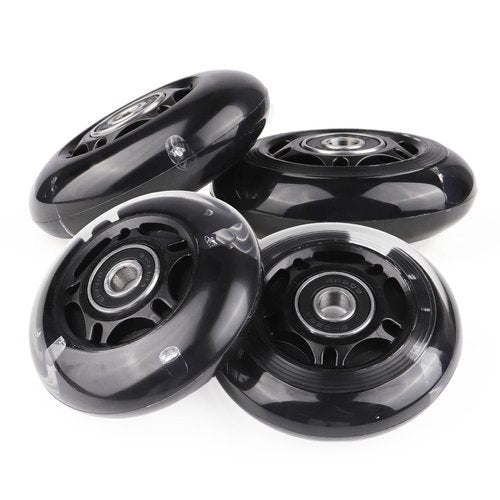 WHEELGOO 4-Pack PU Inline Skate Wheels Flashing Wheels Replacement w/Bushings for Kids Youth Children's Roller Skates (Black, 70mm)