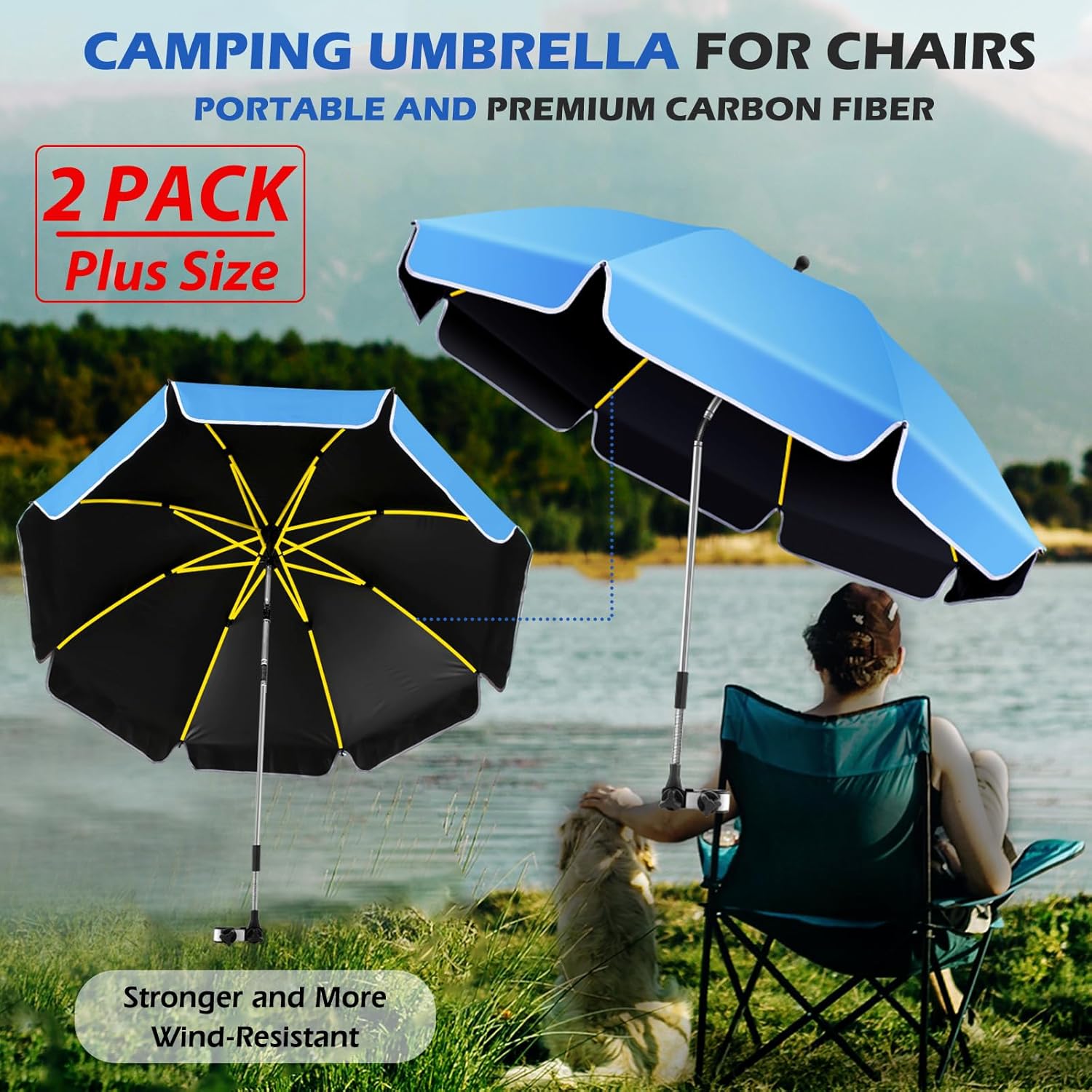 Umbrella 360°Adjustable Protection Stroller, 2 PACK 48.8" beach chair umbrella with clamp, high UV protection. 3 Adjustable areas 180°+360° for fishing, golf, beach, camping (chair not included)