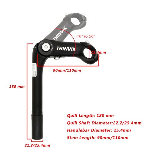 Thinvik Bike Quill Stem, 25.4mm Quill Shaft Diameter, Angle Adjustable -10° to 50° Aluminium Black