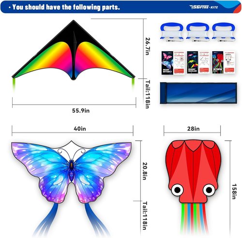 **SGftre 3-Piece Kite Set - Easy-to-Fly Butterfly, Delta & Octopus Kites for Kids & Adults | Colorful Designs**