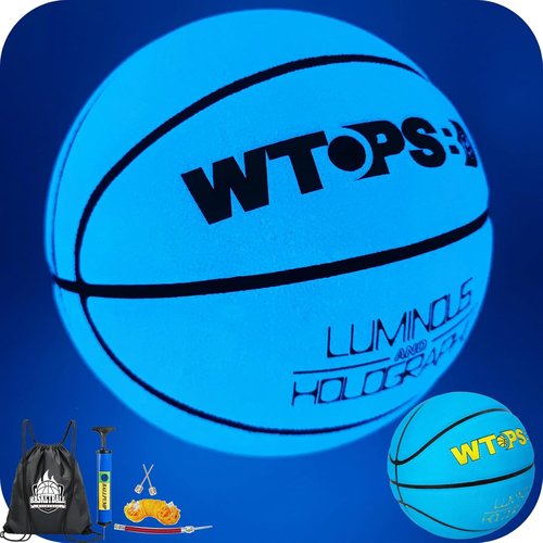 Glow In The Dark Basketball - Luminous Blue PU Leather Ball with Pump & Bag | Sizes 5, 6, 7