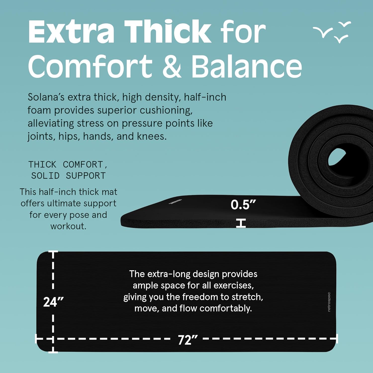 Retrospec Solana Yoga Mat Thick 1/2in Non-Slip Workout Mat with Nylon Strap - 72x24in Exercise Mat for Pilates, Stretching & Fitness - BPA Free, Easy Clean