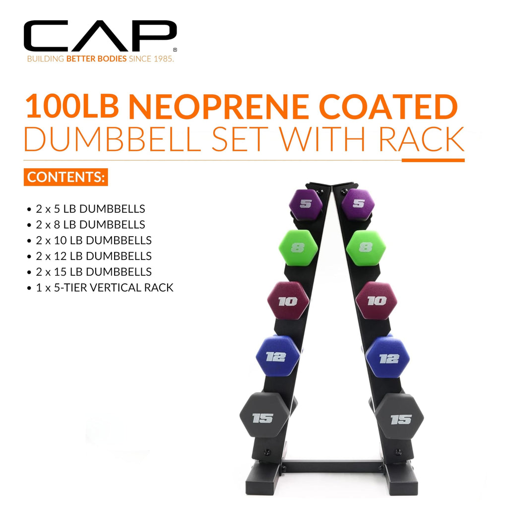 CAP Barbell 100 LB Set of Neoprene Dumbbells with Rack Color Series | 5, 8, 10, 12 and 15 LB pairs