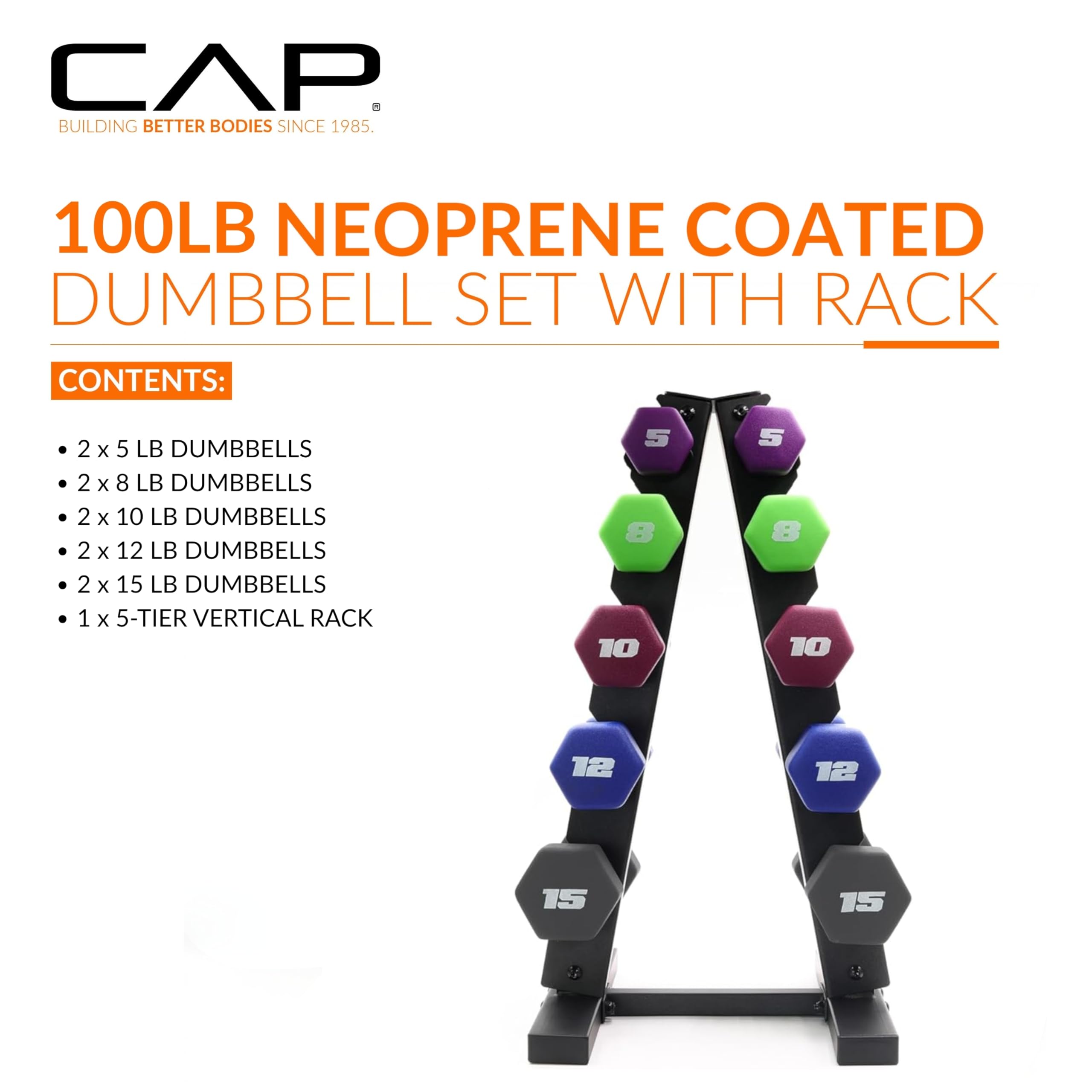 CAP Barbell 100 LB Set of Neoprene Dumbbells with Rack Color Series | 5, 8, 10, 12 and 15 LB pairs