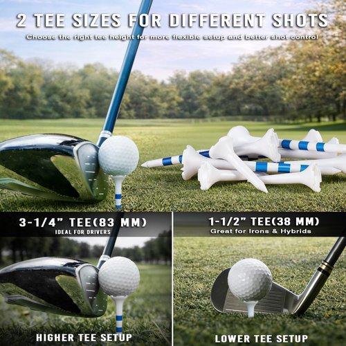 Golf Tees - 115 Pack of 3-1/4" & 1-1/2" Mixed Sizes | Low Resistance Design & Oversized Head