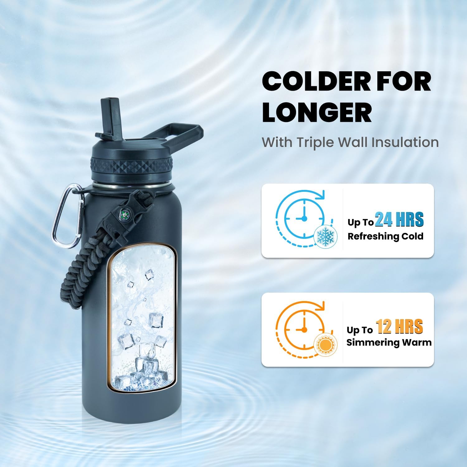 Skiennix Insulated Water Bottle - 32 Oz Triple Wall Vacuum Stainless Steel | Cold for 48 Hrs, Leak Proof, Dark Grey