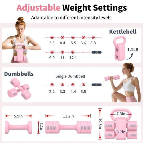 Hezeyferg 2-in-1 Adjustable Dumbbells Set, 4 Levels Weight Dumbbells Set for Women Men, Each 2.2/3.3/4.4/5.5lb Hand Weights with Kettlebell Form for Home Gym Exercise Training (Pink)