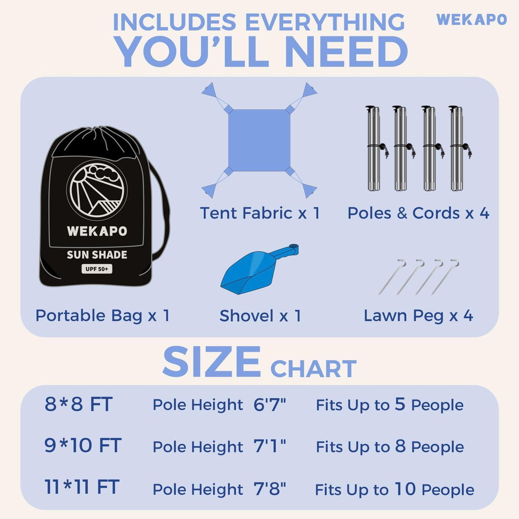 WEKAPO Beach Tent Sun Shelter - Easy Setup Beach Canopy with 4 Sturdy Poles, Large Sandbags and Shovel, 6'7'' Tall, Windproof Sun Shade for Backyard and Camping, UPF 50+ Protection
