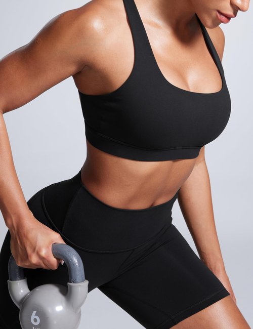 CRZ YOGA Butterbreeze Square Neck Sports Bras for Women - Strappy Thin Straps Workout Traning Padded Gym Halter Cami Top Black Medium