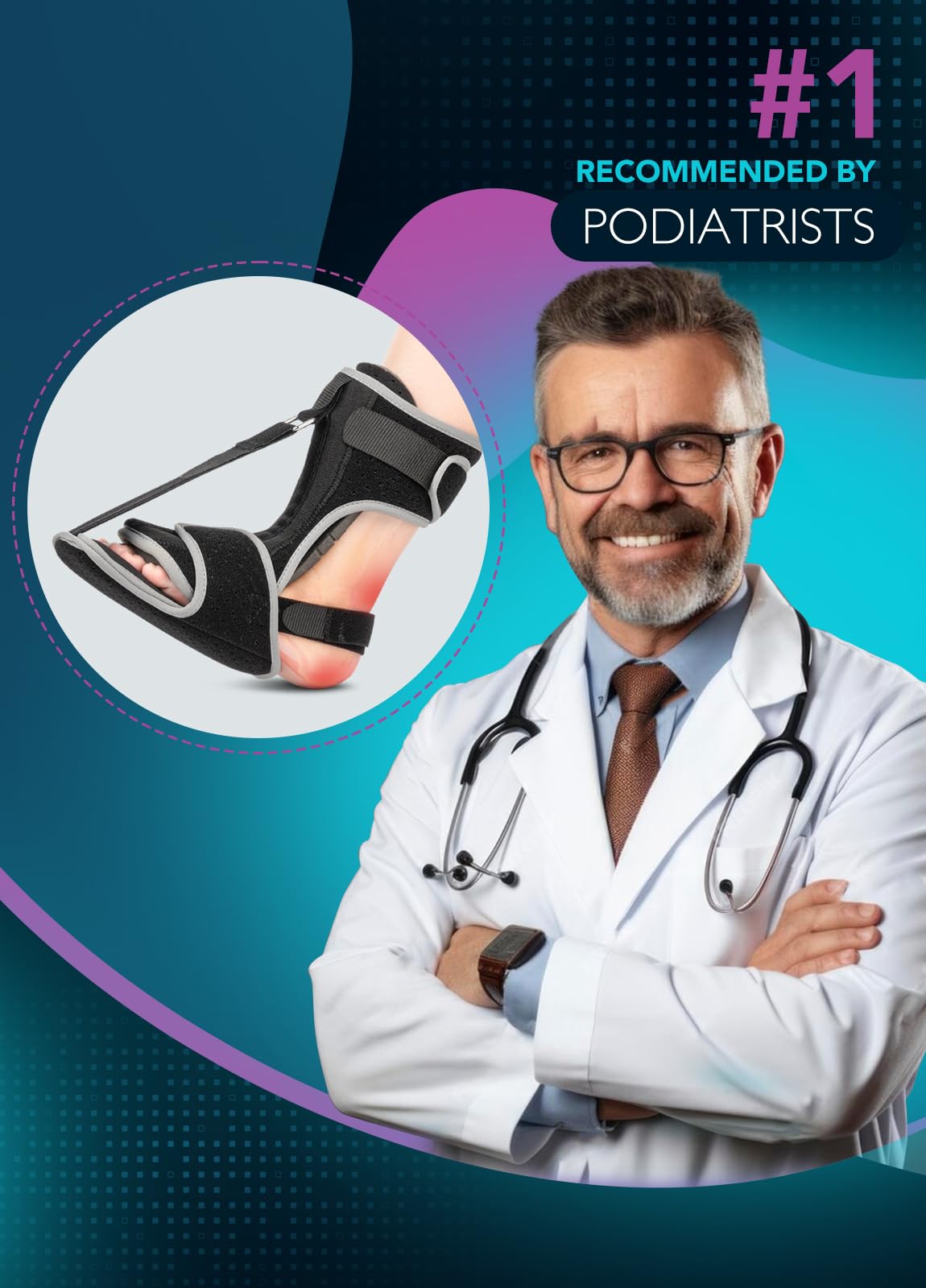 Plantar Fasciitis Night Splint with Massage Ball for Plantar Fasciitis Relief, Comfortable Plantar Fasciitis Brace for Achilles Tendonitis Heal Spur Foot-drop Flat-arch, Free Size for Men and Women - Black
