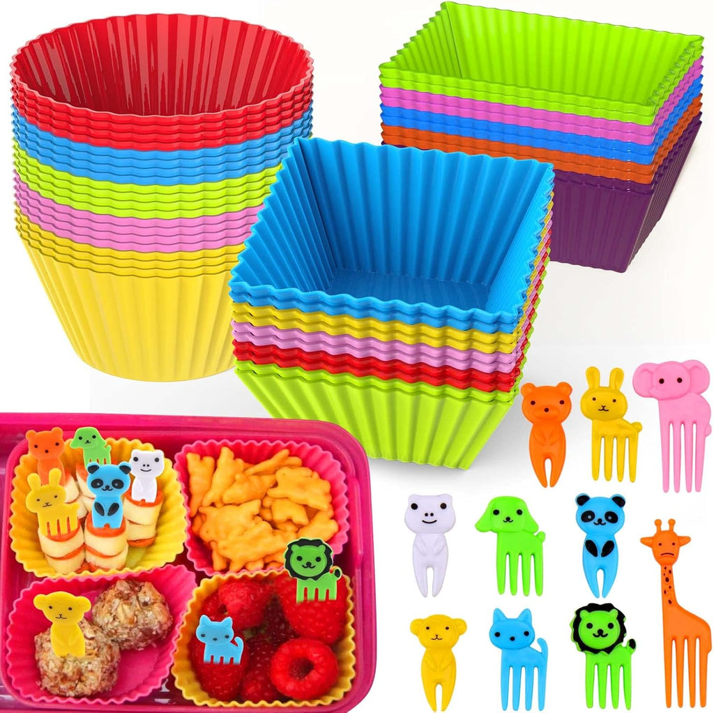 XANGNIER Silicone Lunch Box Dividers - 60 Pcs with Animal Food Picks | Reusable Bento Box Accessories for Kids