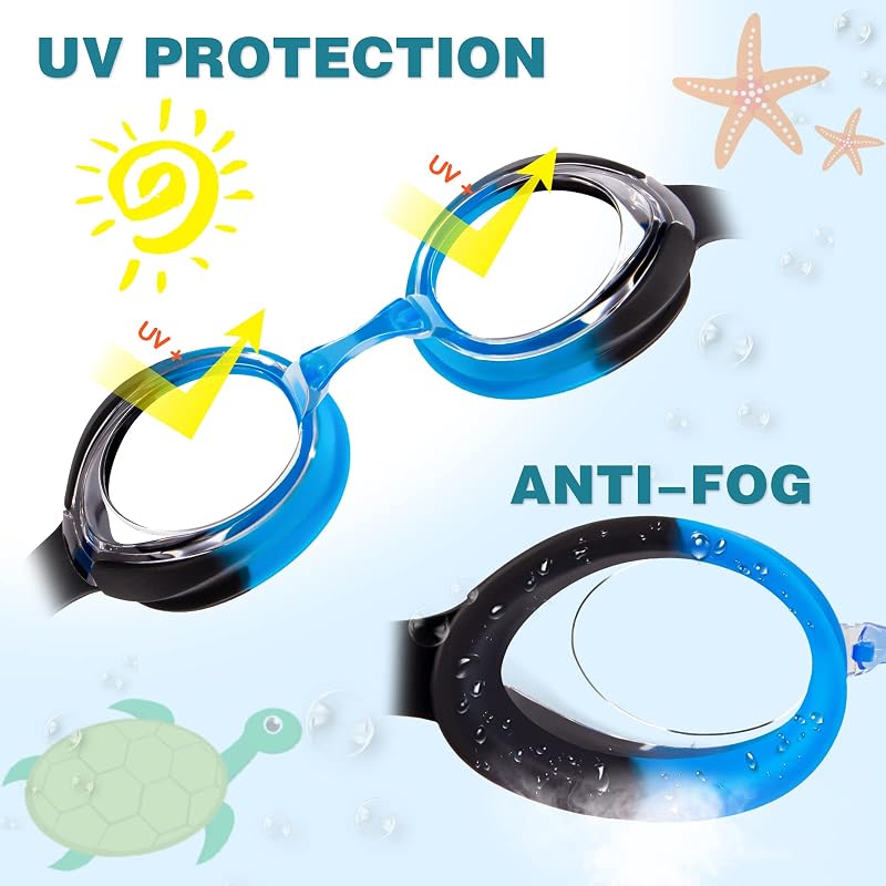 Kids Swim Goggles Anti-Fog UV - 3 Interchangeable Nose Pieces, Keary, Mirrored Green & Clear Blue
