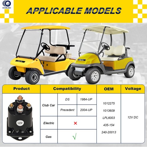 IOOBLBEI Club Car 12V Golf Cart Solenoid Relay for Club Car DS & Precedent 1984-up Gas Starter Continuous Duty Solenoid Switch Repair Replace 1013609, 1117, 1012275, 435-154, LPL6003