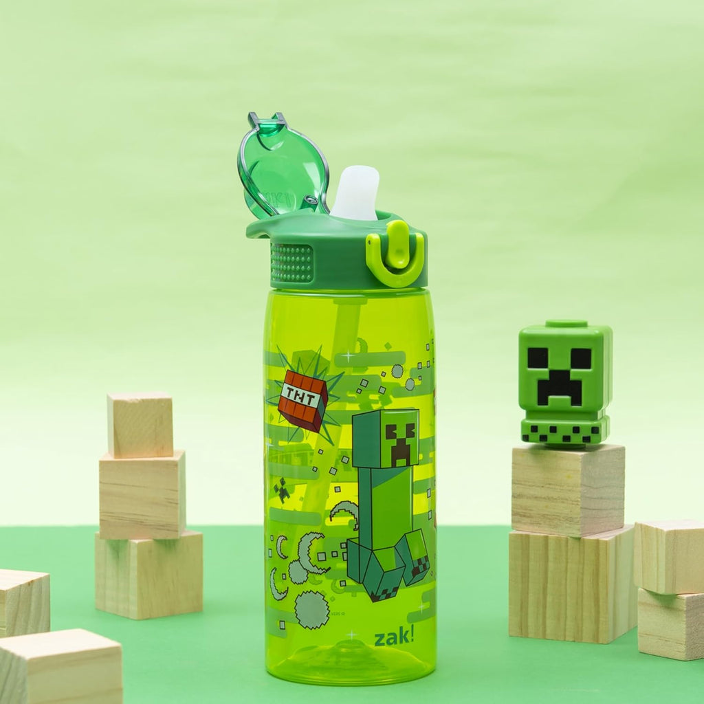 Zak Designs Minecraft Water Bottle - 25oz Durable Plastic with Straw, Handle & Leak-Proof Cover (Creeper)