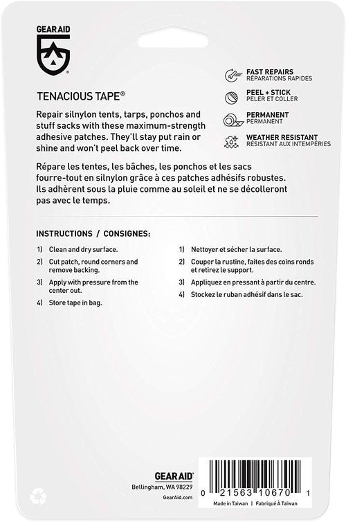 GEAR AID Tenacious Tape Silnylon Patches - Durable Silicone Tent & Tarp Repair, 3” x 5”