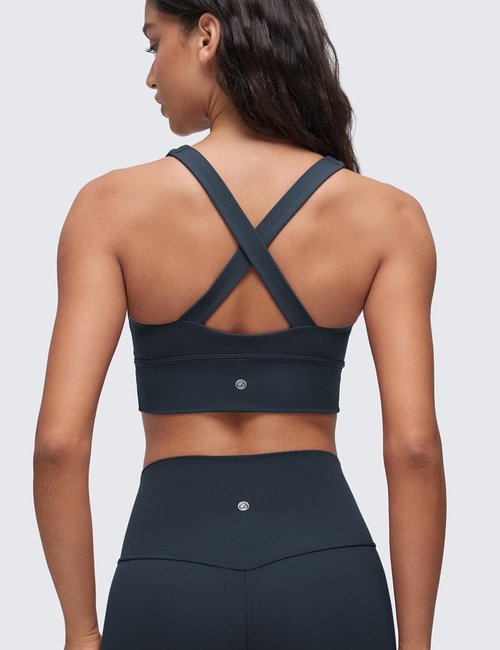 CRZ YOGA Butterluxe Longline Sports Bra - V Neck Padded Yoga Tank with Wide Straps & Cross Back