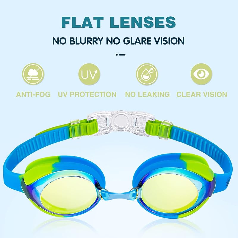 Kids Swim Goggles Anti-Fog UV - 3 Interchangeable Nose Pieces, Keary, Mirrored Green & Clear Blue