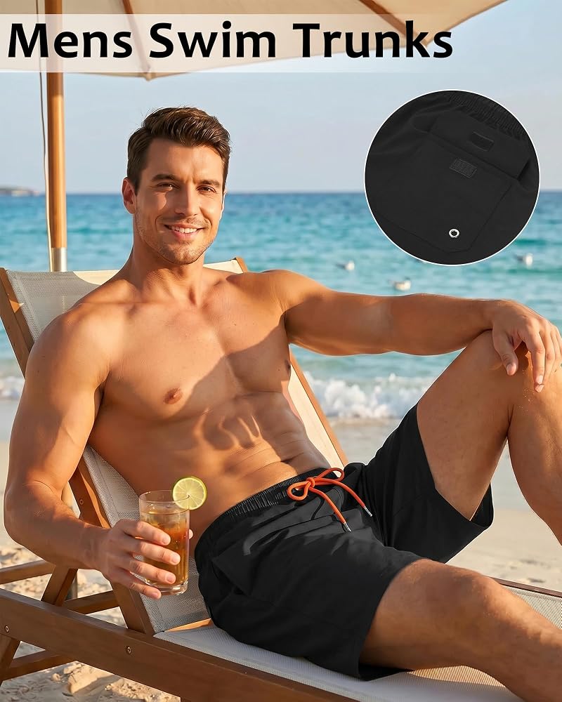Justay 2 in 1 Men's Swim Trunks 7 Inch with Pockets Dark Black + Medium