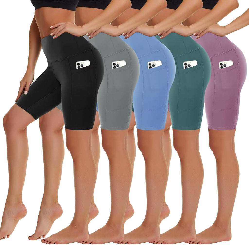 Skiennix Biker Shorts for Women - High Waist Spandex with Pockets | 5-Pack for Yoga & Running