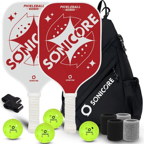 Fiberglass Pickleball Paddle Set -2 Pack, Beginner Kit, 4 Outdoor Balls & Sports Bag for Men & Women | Retro Red | Sonicore