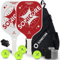 Fiberglass Pickleball Paddle Set -2 Pack, Beginner Kit, 4 Outdoor Balls & Sports Bag for Men & Women | Retro Red | Sonicore