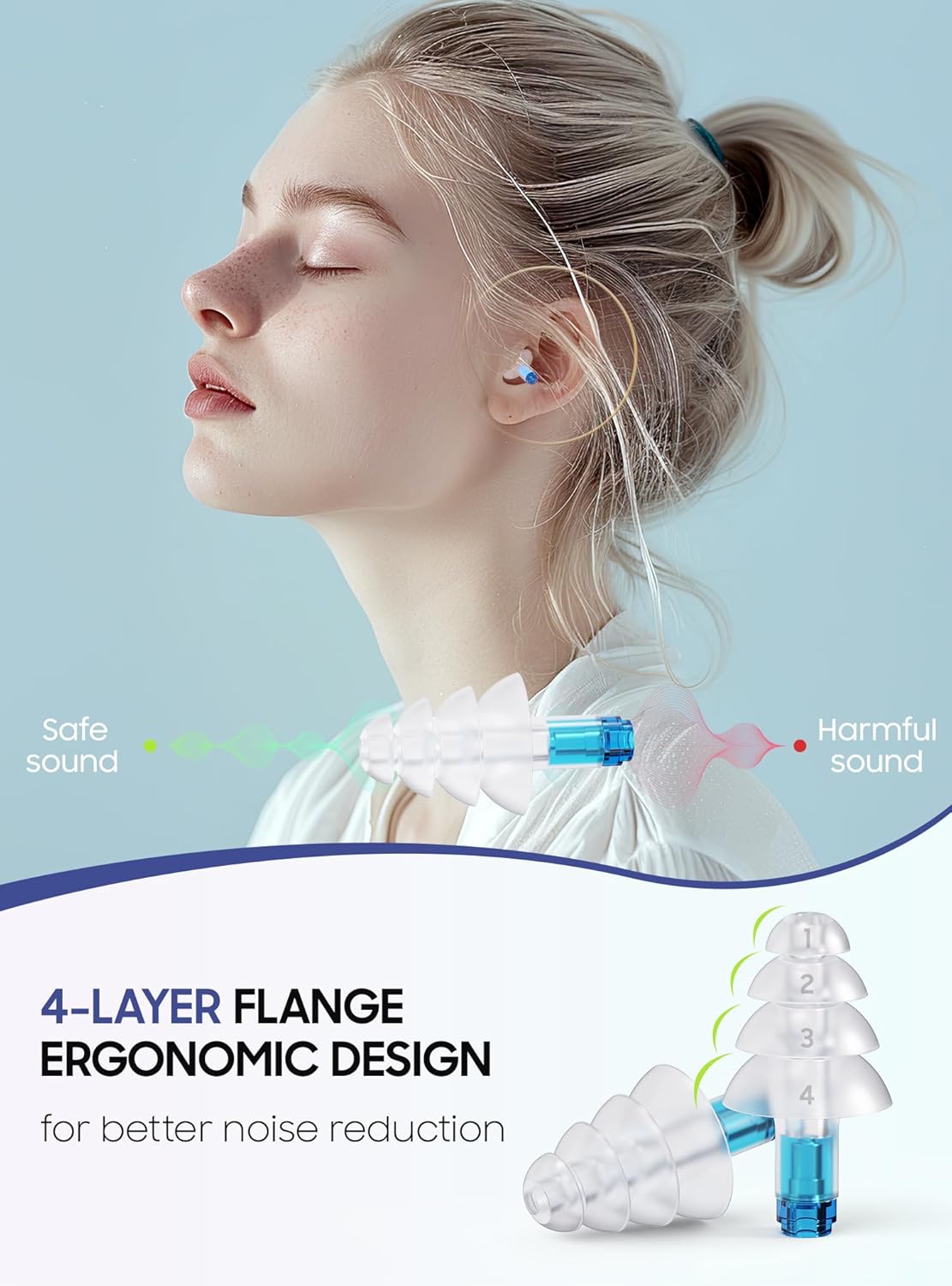 Skiennix Ear Plugs - Soft Silicone Reusable for Airplane Pressure Relief - 2 Pairs with Connector Cord
