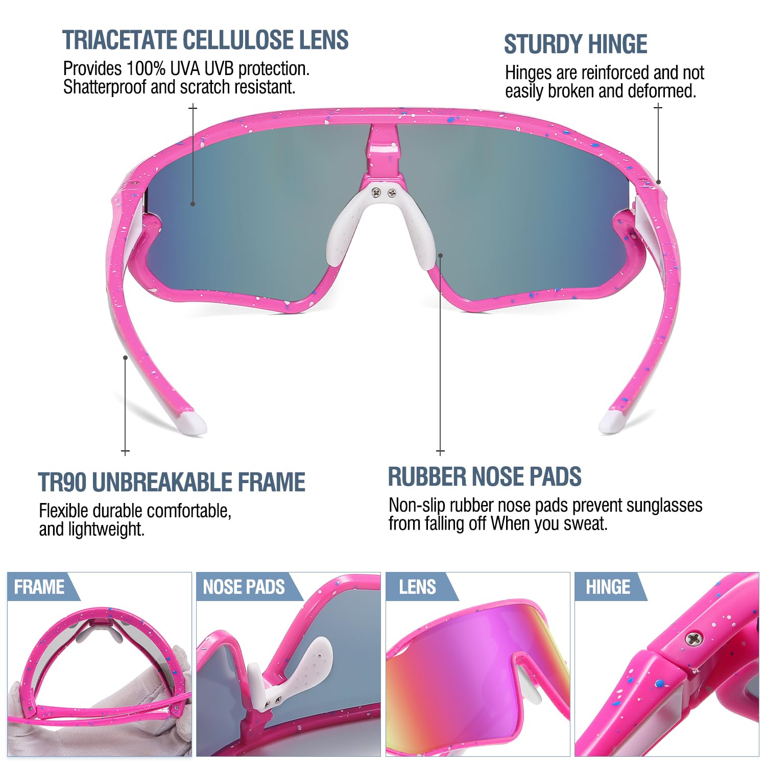 DUCO Kids Sunglasses Youth Baseball Sun Glasses Lightweight TR90 Frame UV400 Sports Cycling Shades for Boys Girls DK268 (Pink Frame White Blue Dot White Temple Revo Colorful Lens)