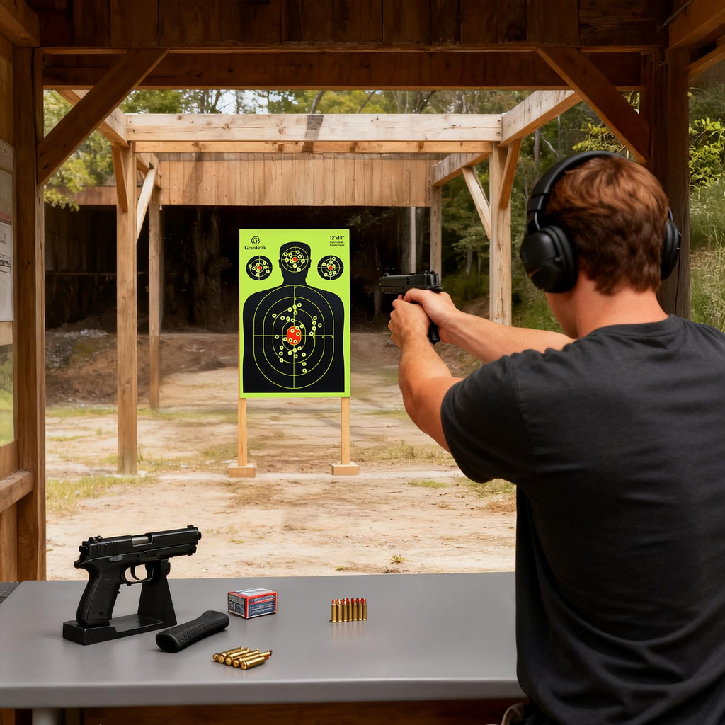 GranPeak 12 x18 inch, Silhouette Splatter Targets, Adhesive Shooting Targets, Shots Burst Bright Fluorescent Yellow, Great for All Firearms (25 Pack)