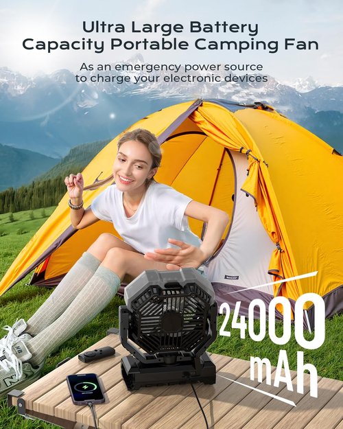 Misting Fan, Portable Camping Fans with 9oz Tank, 24000mAh Rechargeable Fan for Outside, Outdoor Cooling Water Mister with 2 Mist Modes, Battery Powered Fans with Timer, Sleep Mode, Summer Essential