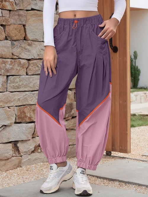 Fisoew Womens Baggy Wide Leg Pants Casual Elastic Waist Color Block Loose Workout Track Pants with Pockets Violet