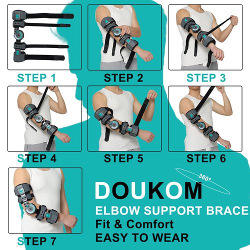 DOUKOM Hinged Post Op Elbow Brace, Adjustable Range of Motion Support Stabilizer for Dislocated Arm, Post Tendon Injury & Surgery Pain Relief Recovery, Right