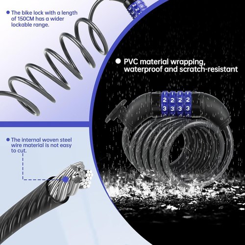 Bike Lock Cable,Anti Theft Cable Lock,4 Digit Security Resettable Combo Bike Lock, for E-Scooter, Electric Bike, Mountain Bike,Bicycle, Motorbikes