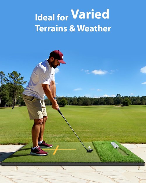 6x4FT 21-45mm Dual-Turf Golf Hitting Mat with Ball Tray, Thickened Golf Mat with 9 Hitting Holes, Practice Mat with Alignment Aid for Realistic Indoor Outdoor Practice, Professional Golf Training Aid