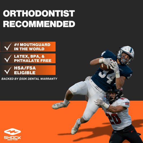Shock Doctor Braces Football Mouth Guard, Upper and Lower Teeth. Convertible, Ultra Double Protection, Comfortable and Durable Mouthguard.