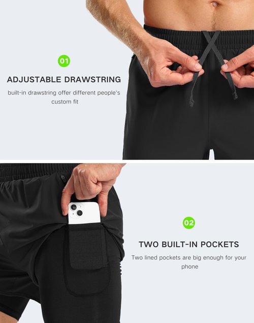 Pudolla Men's 2 in 1 Workout Running Shorts 5" with Zipper Phone Pockets Quick Dry Gym Athletic Shorts with Compression Liner(Black,M)