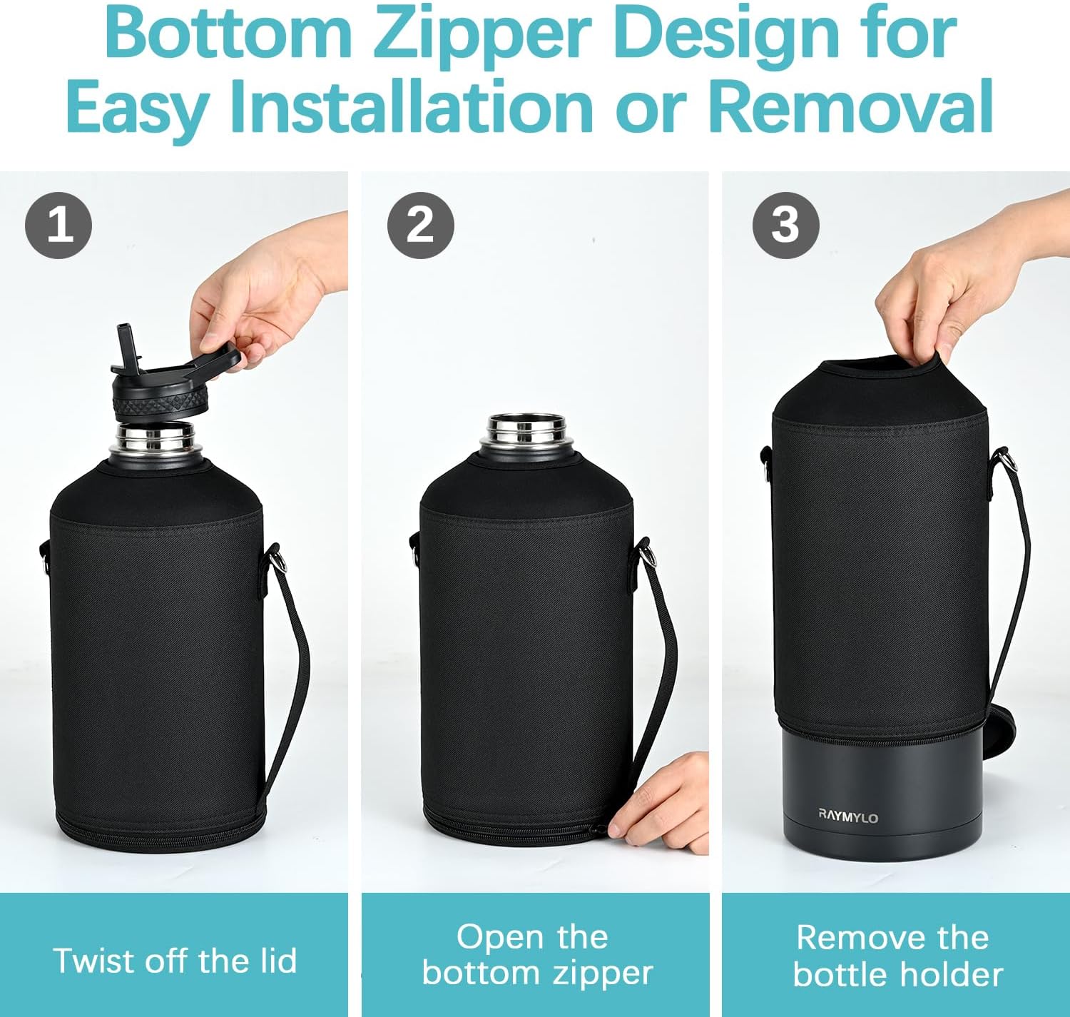 RAYMYLO Water Bottle Holder - Adjustable Crossbody Carrier Bag for 64/128 oz Bottles | Black