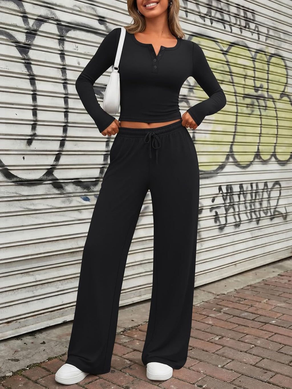 Trendy Queen Women's Lounge Set - Long Sleeve Henley Crop Top & Wide Leg Pants | Casual Comfort