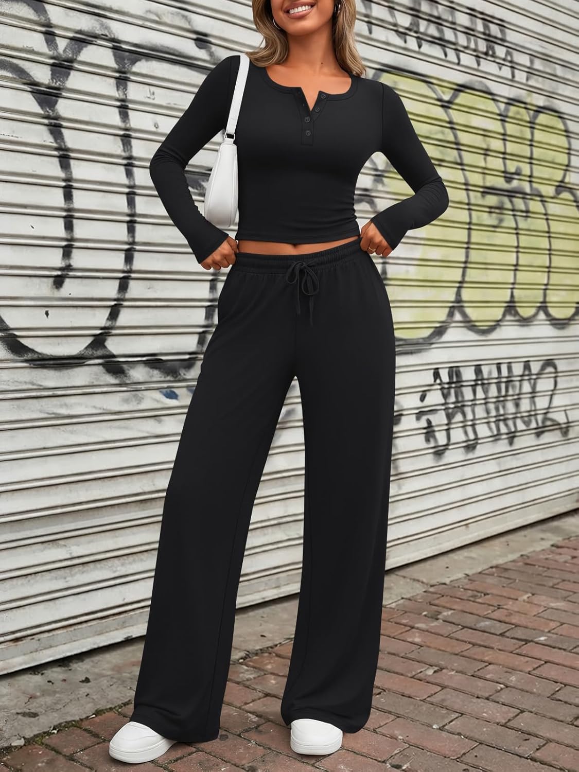Trendy Queen Women's Lounge Set - Long Sleeve Henley Crop Top & Wide Leg Pants | Casual Comfort
