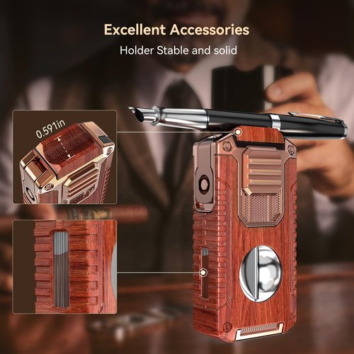 All-in-One Triple Torch Lighter with Built-in V Cutter, Holder, Punch, and Draw Enhancer Tool, Winproof Adjustable Triple Jet Flame Lighter, Refillable Lighter Gift for Men (Mahogany)