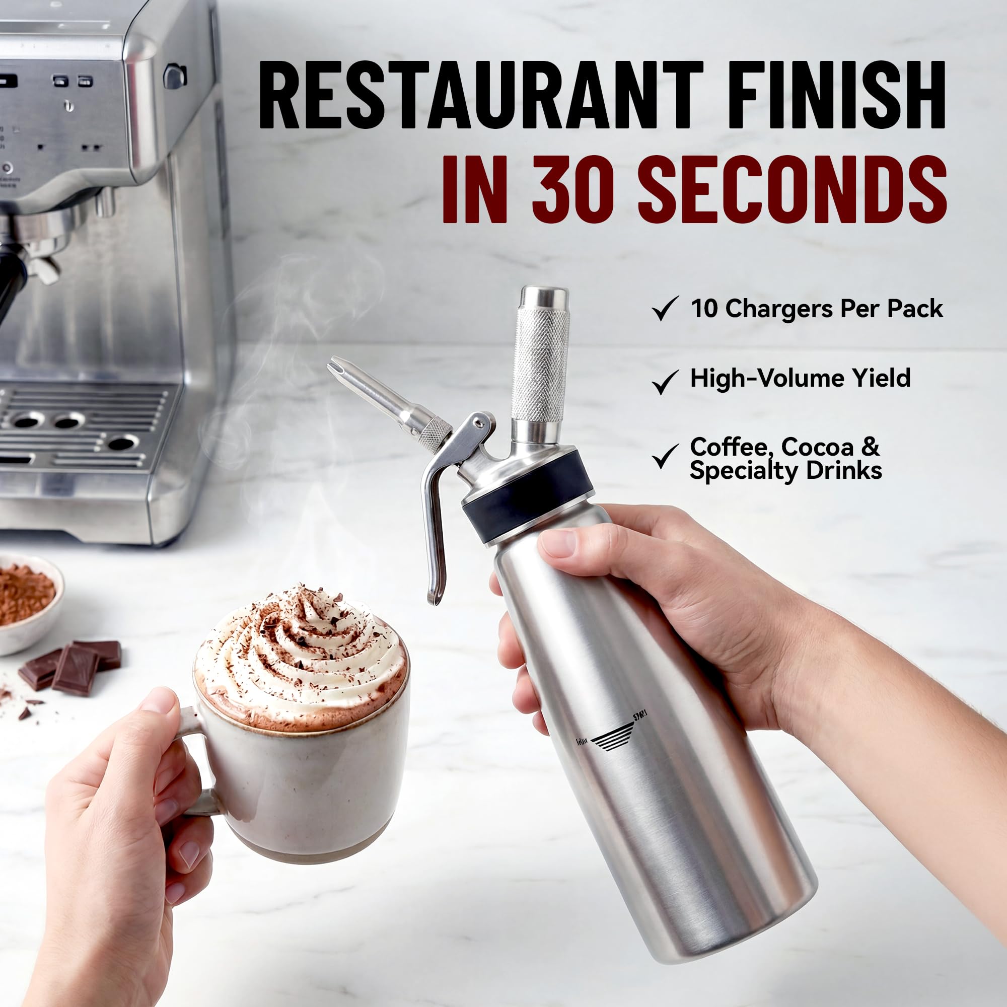Chef Master 10 Pack N20 Whipped Cream Chargers - 8g Professional Nitrous Oxide Cartridges - Premium Whip Cream Charger Cartridge - Made in EU - Food-Safe Steel & Universal Fit for Dispensers - 90060