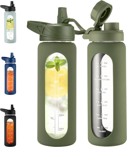 CIVAGO 24 oz Motivational Glass Water Bottle - Leakproof with Straw & Handle | Army Green