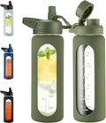 CIVAGO 24 oz Motivational Glass Water Bottle - Leakproof with Straw & Handle | Army Green