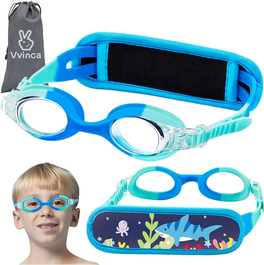 Vvinca Kids Swim Goggles with Fabric Strap No Tangle Pain-Free, Anti-Fog Swimming Pool Goggle No Leak for Toddlers Girls Boys