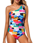 Holipick One Shoulder One Piece Swimsuit for Women Tummy Control Bathing Suits Modest Full Coverage Keyhole Swimwear Color Block