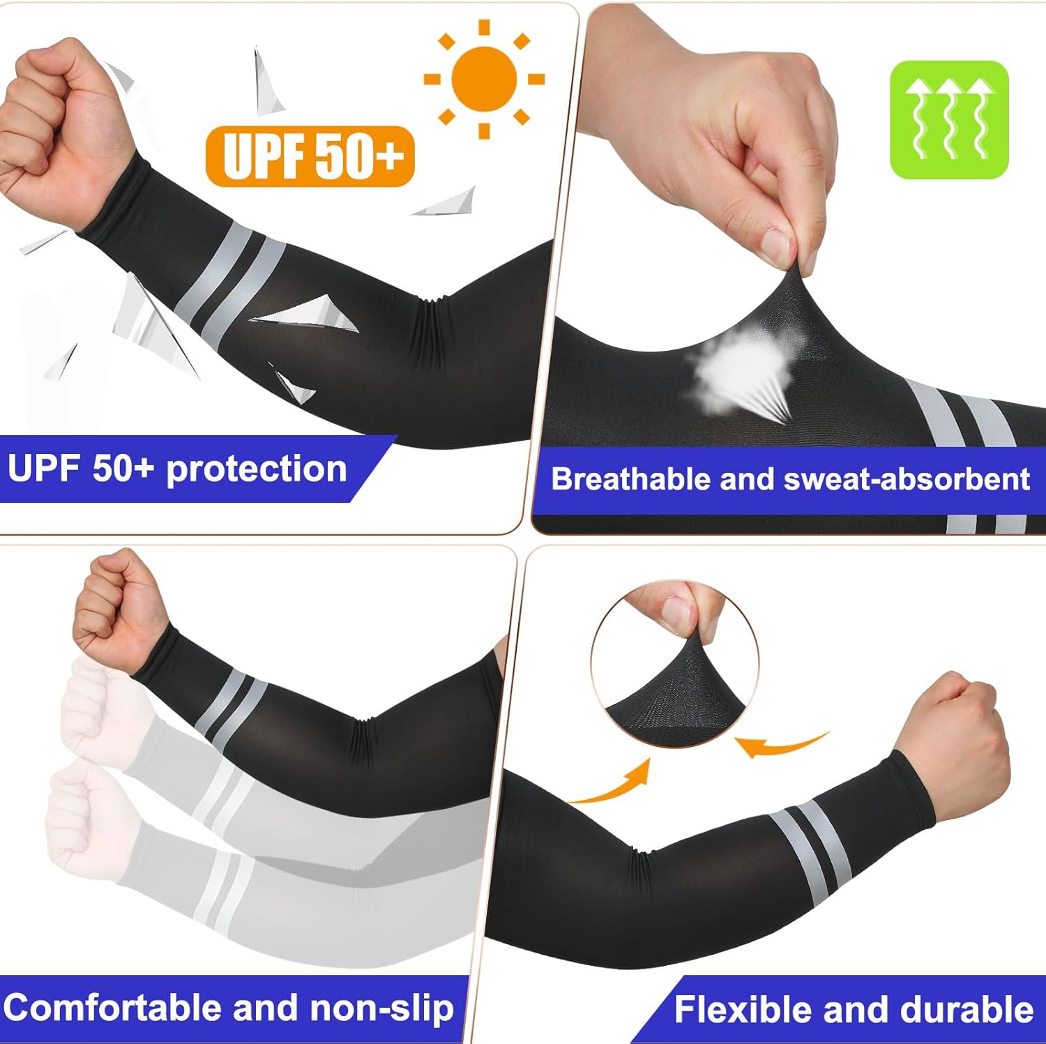 SATINIOR UV Sun Protection Arm Sleeves - Reflective Cooling Compression for Men & Women | 6 Pairs