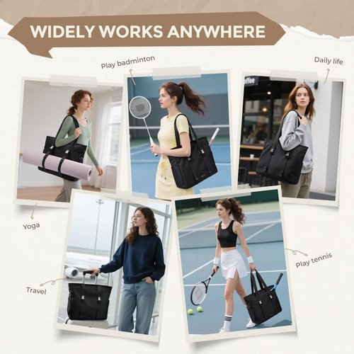 GOLF SUPAGS Tennis Tote Bag for Women with Yoga Mat Straps, Racket Holder Bags with 14" Laptop Compartment, 24L Lightweight Sports Bag with Wet Pocket (Black)