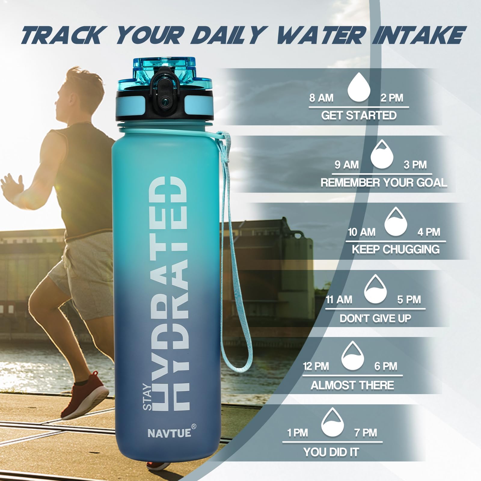 NAVTUE Water Bottle, 32oz Sports Water Bottles with Time Marker Wide Mouth, Motivational and Leakproof Drink Bottle, BPA Free Tritan with Carry Strap for Gym Fitness Outdoor(Direct Drink)