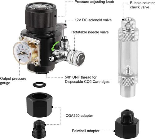 FZONE CO2 Regulator Mini V3.0 - Dual Stage with DC Solenoid & Bubble Counter for Paintball Tanks