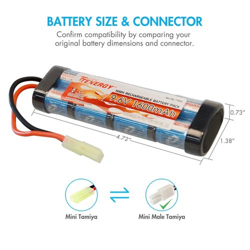 Tenergy 9.6V Airsoft Battery 1600mAh NiMH Flat Battery Pack w/Mini Tamiya Connector for Airsoft MP5, Scar, M249, M240B, M60, G36, M14, RPK, PKM