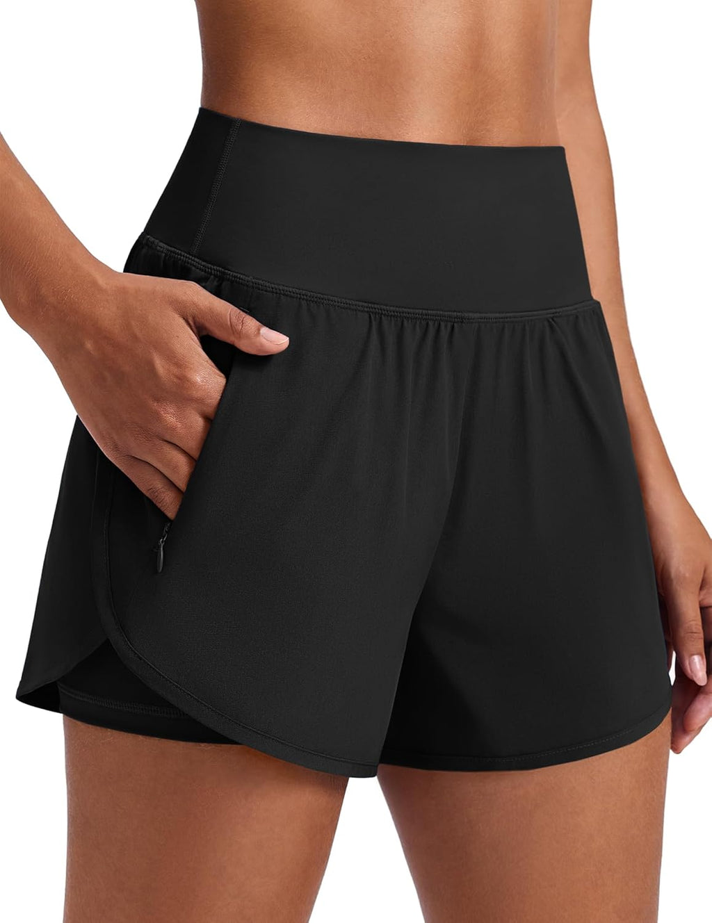 PINSPARK Women's 2-in-1 High Waisted Running Shorts - Quick Dry Workout Gym Shorts with 2 Zip Pockets